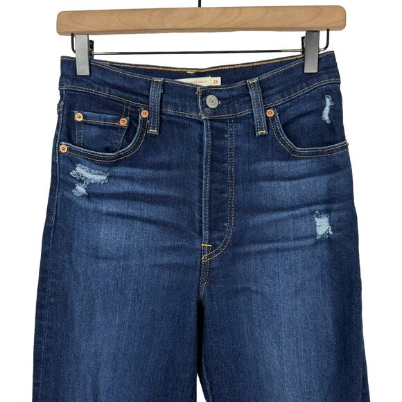 Levi's | Dark Wash Ribcage Straight Ankle Distressed High Rise Button Fly Jeans - Picture 3 of 10